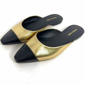 Veronica Beard Carlotta Flat Mules Black Gold Leather Womens 8.5